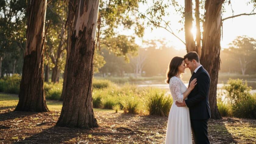 An intimate pre-wedding photography experience in Forest Hill, Victoria, featuring a couple embracing under dramatic golden hour light near a lush garden, showcasing their profound connection.