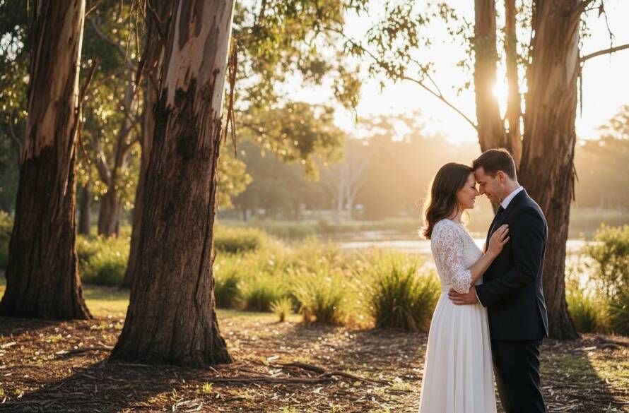 An intimate pre-wedding photography experience in Forest Hill, Victoria, featuring a couple embracing under dramatic golden hour light near a lush garden, showcasing their profound connection.