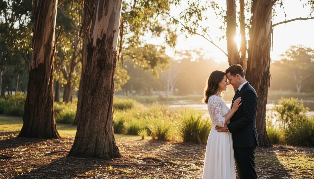An intimate pre-wedding photography experience in Forest Hill, Victoria, featuring a couple embracing under dramatic golden hour light near a lush garden, showcasing their profound connection.