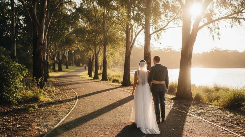 A newly married couple sharing a heartfelt laugh under dappled sunlight in a Ringwood park, exemplifying intimate Ringwood wedding photography capturing genuine joy.