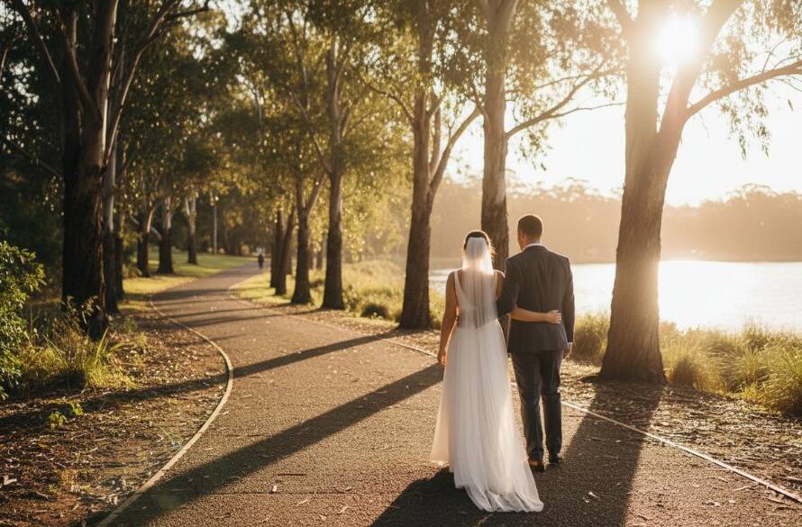 A newly married couple sharing a heartfelt laugh under dappled sunlight in a Ringwood park, exemplifying intimate Ringwood wedding photography capturing genuine joy.