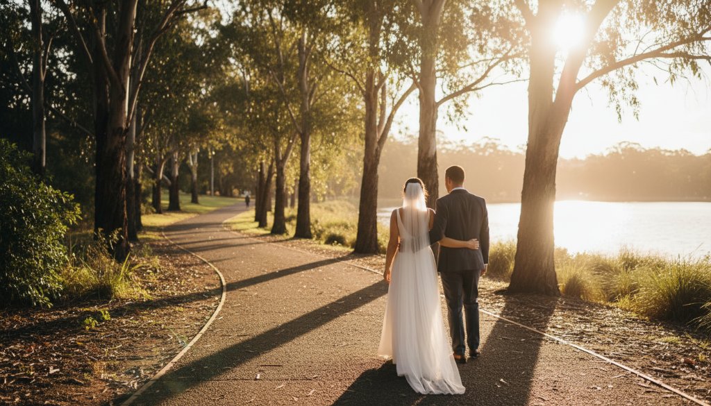 A newly married couple sharing a heartfelt laugh under dappled sunlight in a Ringwood park, exemplifying intimate Ringwood wedding photography capturing genuine joy.