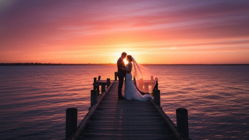 An epic moment captured in intimate Rippleside Foreshore wedding photography Geelong, featuring a newlywed couple silhouetted against a dramatic sunset over Corio Bay, their embrace illuminated by golden light.