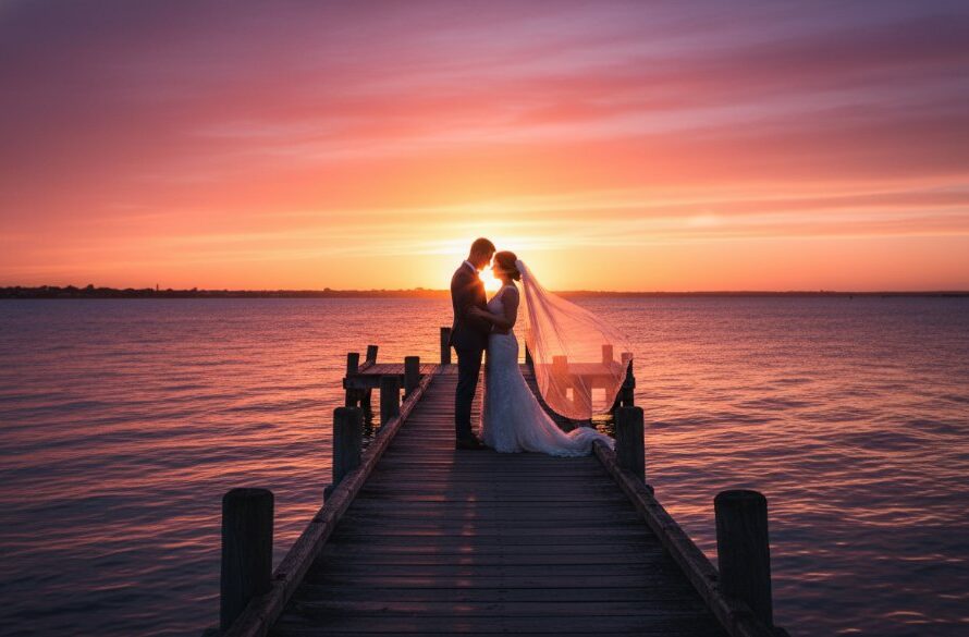 An epic moment captured in intimate Rippleside Foreshore wedding photography Geelong, featuring a newlywed couple silhouetted against a dramatic sunset over Corio Bay, their embrace illuminated by golden light.