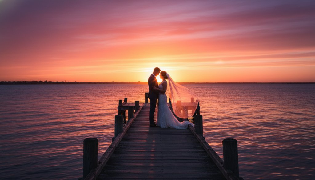 An epic moment captured in intimate Rippleside Foreshore wedding photography Geelong, featuring a newlywed couple silhouetted against a dramatic sunset over Corio Bay, their embrace illuminated by golden light.