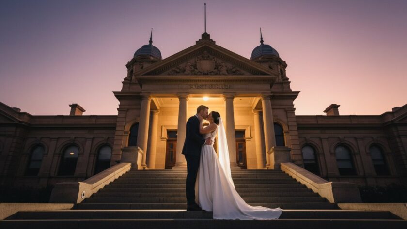 An emotionally charged close-up photograph of a bride and groom sharing a tender kiss against the grand, ornate facade of an historic Sale, Victoria wedding venue at sunset. The 'Intimate Sale Victoria Wedding Photography at historic venues' moment is captured with dramatic golden hour backlighting, professional colour grading, and a shallow depth of field, emphasising their love and the architectural beauty.