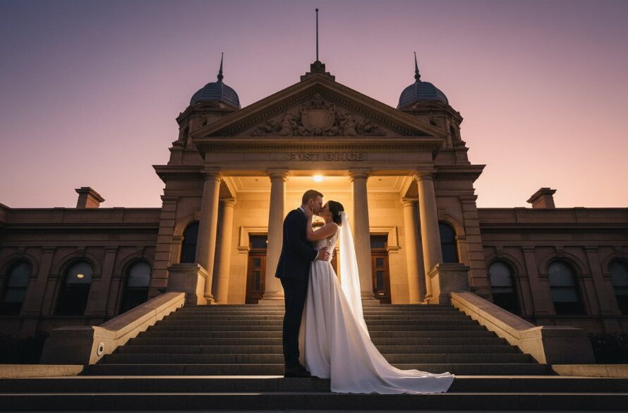 An emotionally charged close-up photograph of a bride and groom sharing a tender kiss against the grand, ornate facade of an historic Sale, Victoria wedding venue at sunset. The 'Intimate Sale Victoria Wedding Photography at historic venues' moment is captured with dramatic golden hour backlighting, professional colour grading, and a shallow depth of field, emphasising their love and the architectural beauty.