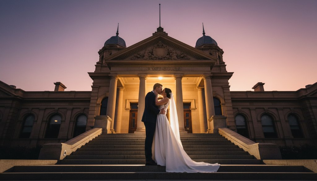 An emotionally charged close-up photograph of a bride and groom sharing a tender kiss against the grand, ornate facade of an historic Sale, Victoria wedding venue at sunset. The 'Intimate Sale Victoria Wedding Photography at historic venues' moment is captured with dramatic golden hour backlighting, professional colour grading, and a shallow depth of field, emphasising their love and the architectural beauty.