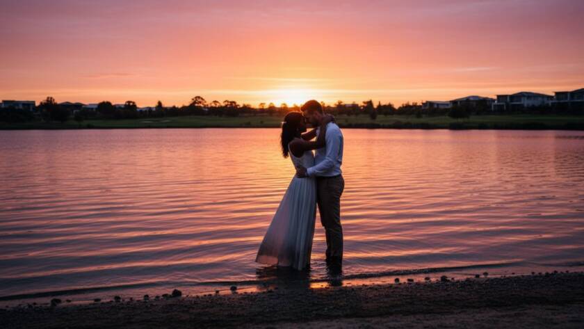 A couple shares intimate Sandhurst engagement photography moments, silhouetted against a golden hour sky reflecting on a serene lake in Sandhurst, Victoria, depicting a dramatic and romantic scene.