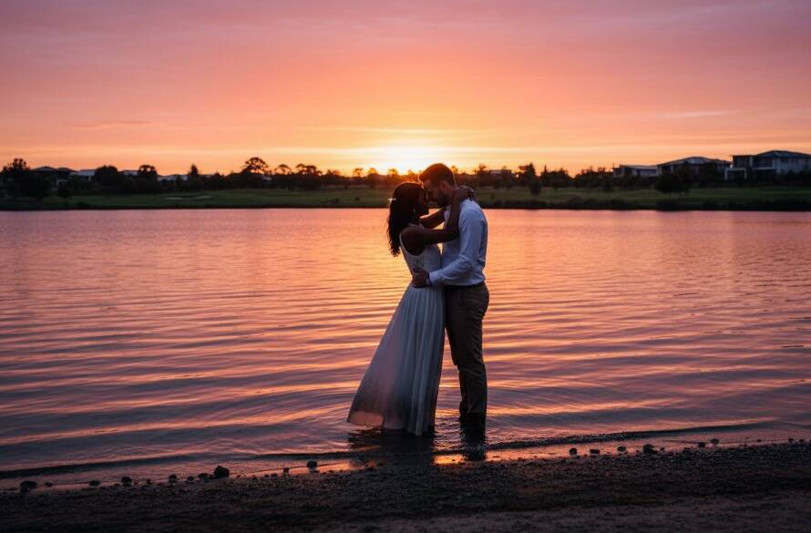 A couple shares intimate Sandhurst engagement photography moments, silhouetted against a golden hour sky reflecting on a serene lake in Sandhurst, Victoria, depicting a dramatic and romantic scene.