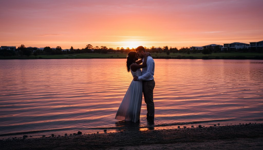 A couple shares intimate Sandhurst engagement photography moments, silhouetted against a golden hour sky reflecting on a serene lake in Sandhurst, Victoria, depicting a dramatic and romantic scene.