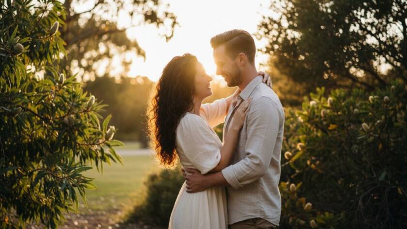 A couple sharing an intimate moment during their Intimate Scoresby pre-wedding photography experience, silhouetted against a golden hour sky in a Scoresby park, with dramatic backlighting and soft focus on their embrace, conveying deep emotion.