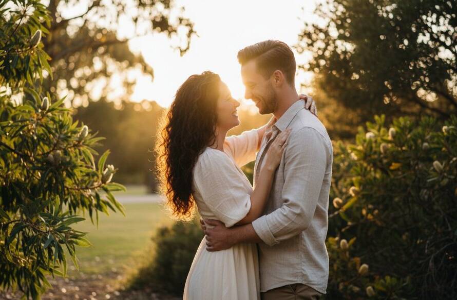 A couple sharing an intimate moment during their Intimate Scoresby pre-wedding photography experience, silhouetted against a golden hour sky in a Scoresby park, with dramatic backlighting and soft focus on their embrace, conveying deep emotion.