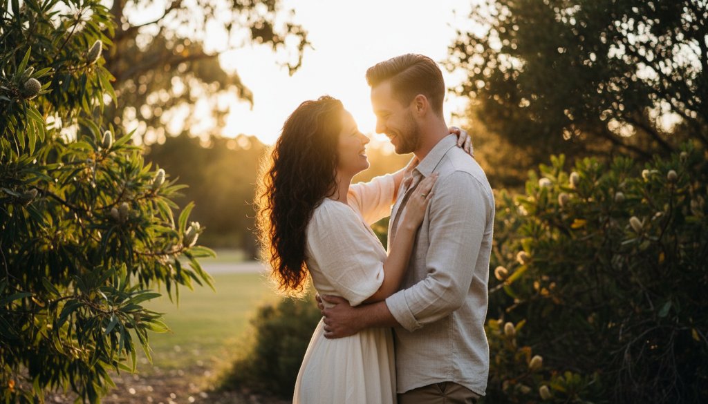 A couple sharing an intimate moment during their Intimate Scoresby pre-wedding photography experience, silhouetted against a golden hour sky in a Scoresby park, with dramatic backlighting and soft focus on their embrace, conveying deep emotion.