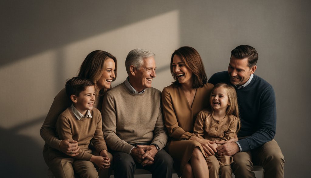 A heartwarming and intimate studio portrait of a family, bathed in soft, ethereal light, capturing their genuine connection. This image embodies the essence of Intimate studio portraits Rippleside for timeless family memories, professionally color-graded and dramatically lit.