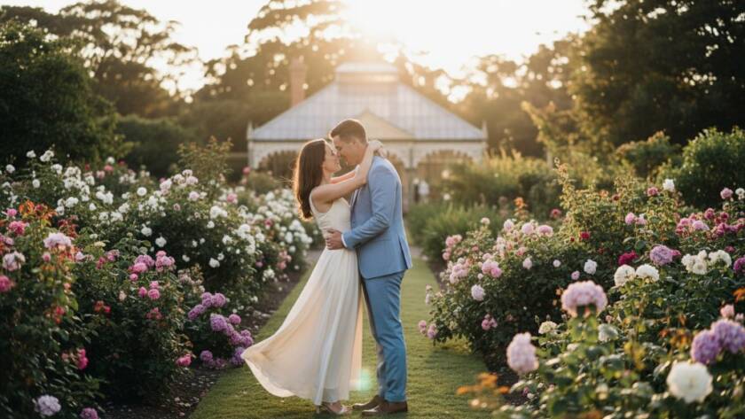 An epic moment captured during an Intimate Surrey Hills Garden Engagement Photography Session, featuring a couple embracing passionately amidst lush, sun-drenched Victorian gardens at golden hour, with dramatic backlighting and professional colour grading highlighting their joy and connection.