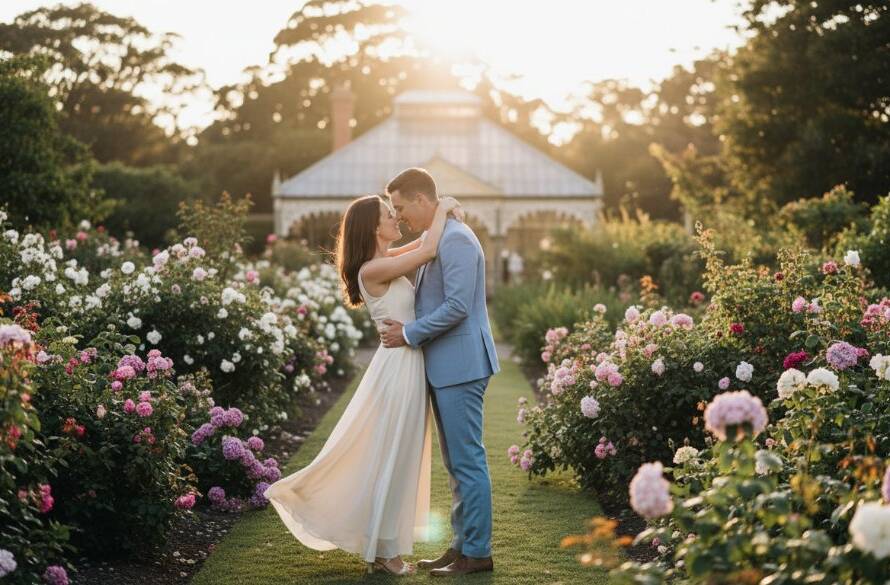 An epic moment captured during an Intimate Surrey Hills Garden Engagement Photography Session, featuring a couple embracing passionately amidst lush, sun-drenched Victorian gardens at golden hour, with dramatic backlighting and professional colour grading highlighting their joy and connection.