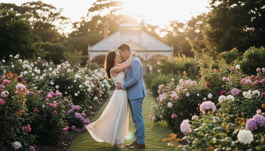 An epic moment captured during an Intimate Surrey Hills Garden Engagement Photography Session, featuring a couple embracing passionately amidst lush, sun-drenched Victorian gardens at golden hour, with dramatic backlighting and professional colour grading highlighting their joy and connection.
