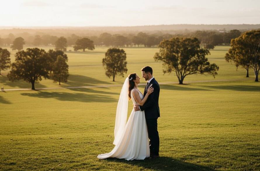 A breathtaking wide shot capturing a newlywed couple embracing passionately under the golden hour glow at a rustic Taylors Hill vineyard, creating truly intimate Taylors Hill wedding photography moments Victoria with dramatic light and emotional depth.