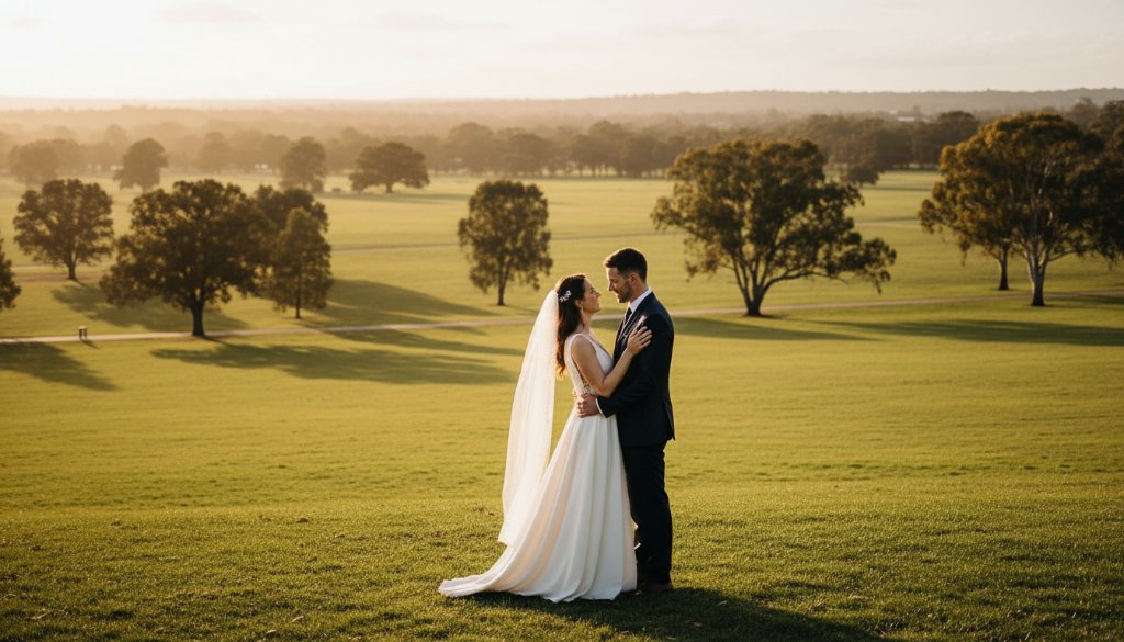 A breathtaking wide shot capturing a newlywed couple embracing passionately under the golden hour glow at a rustic Taylors Hill vineyard, creating truly intimate Taylors Hill wedding photography moments Victoria with dramatic light and emotional depth.