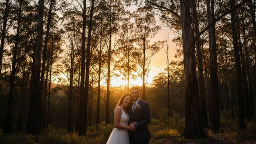 A newly married couple sharing an intimate, joyful moment with the stunning, lush backdrop of Upper Ferntree Gully, Victoria, beautifully captured with intimate Upper Ferntree Gully wedding photography, featuring soft golden hour light filtering through tall trees and creating a romantic, cinematic glow.