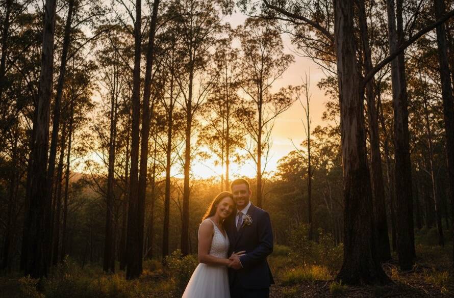 A newly married couple sharing an intimate, joyful moment with the stunning, lush backdrop of Upper Ferntree Gully, Victoria, beautifully captured with intimate Upper Ferntree Gully wedding photography, featuring soft golden hour light filtering through tall trees and creating a romantic, cinematic glow.