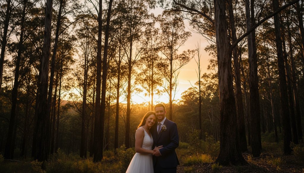 A newly married couple sharing an intimate, joyful moment with the stunning, lush backdrop of Upper Ferntree Gully, Victoria, beautifully captured with intimate Upper Ferntree Gully wedding photography, featuring soft golden hour light filtering through tall trees and creating a romantic, cinematic glow.