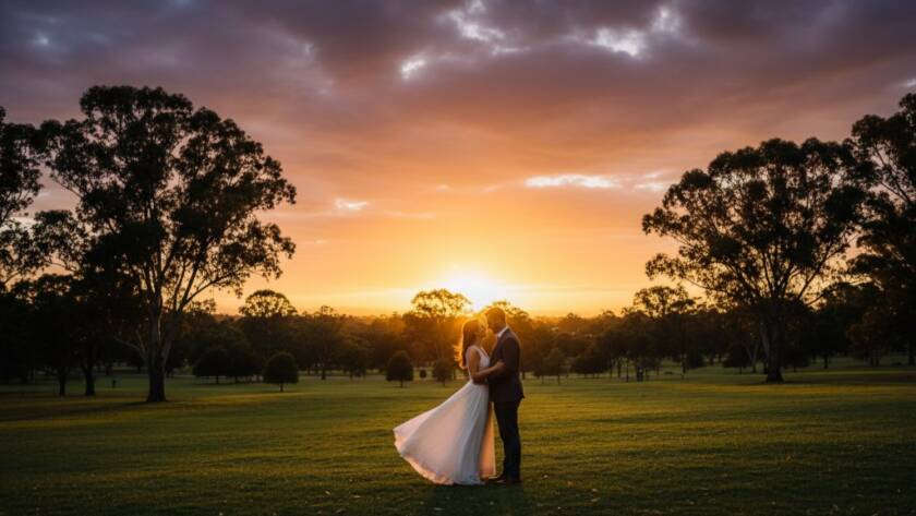 An Intimate Wantirna South Pre-Wedding Photoshoot Victoria capturing a couple's tender embrace at sunset amidst a blooming garden, bathed in golden hour light, showcasing their deep connection in an epic, professionally color-graded moment.