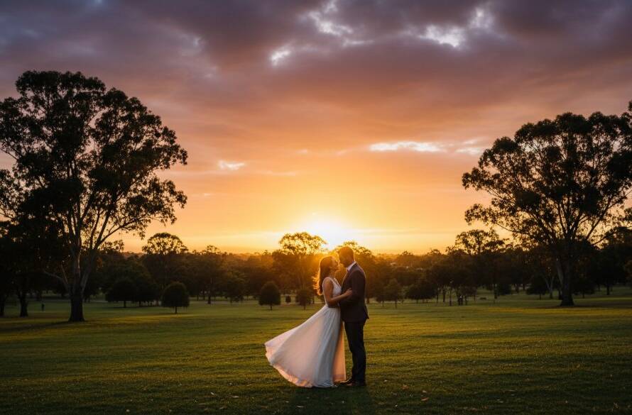 An Intimate Wantirna South Pre-Wedding Photoshoot Victoria capturing a couple's tender embrace at sunset amidst a blooming garden, bathed in golden hour light, showcasing their deep connection in an epic, professionally color-graded moment.