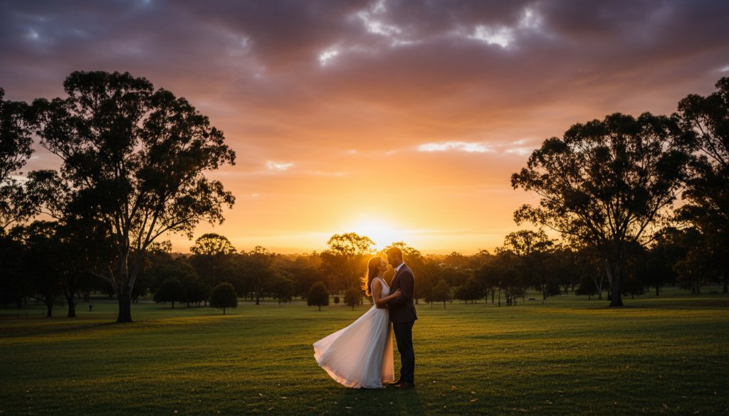 An Intimate Wantirna South Pre-Wedding Photoshoot Victoria capturing a couple's tender embrace at sunset amidst a blooming garden, bathed in golden hour light, showcasing their deep connection in an epic, professionally color-graded moment.
