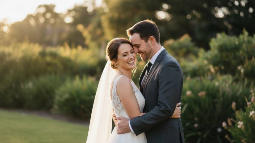 An intimate Wantirna South wedding photography moment featuring a newlywed couple embracing under dramatic sunset light in a picturesque Wantirna South garden, captured with cinematic flair and emotional depth.