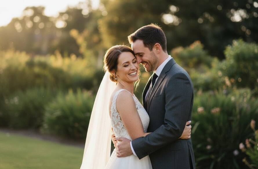 An intimate Wantirna South wedding photography moment featuring a newlywed couple embracing under dramatic sunset light in a picturesque Wantirna South garden, captured with cinematic flair and emotional depth.