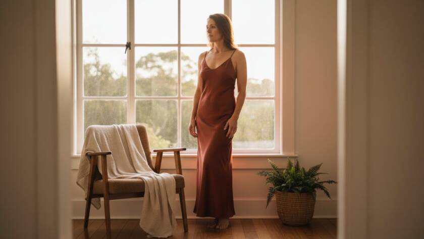A confident woman in a soft, ethereal boudoir setting, bathed in golden hour light through a window, during an intimate Warrandyte boudoir photo session. She gazes thoughtfully into the distance, embodying grace and self-assurance, capturing an epic moment.