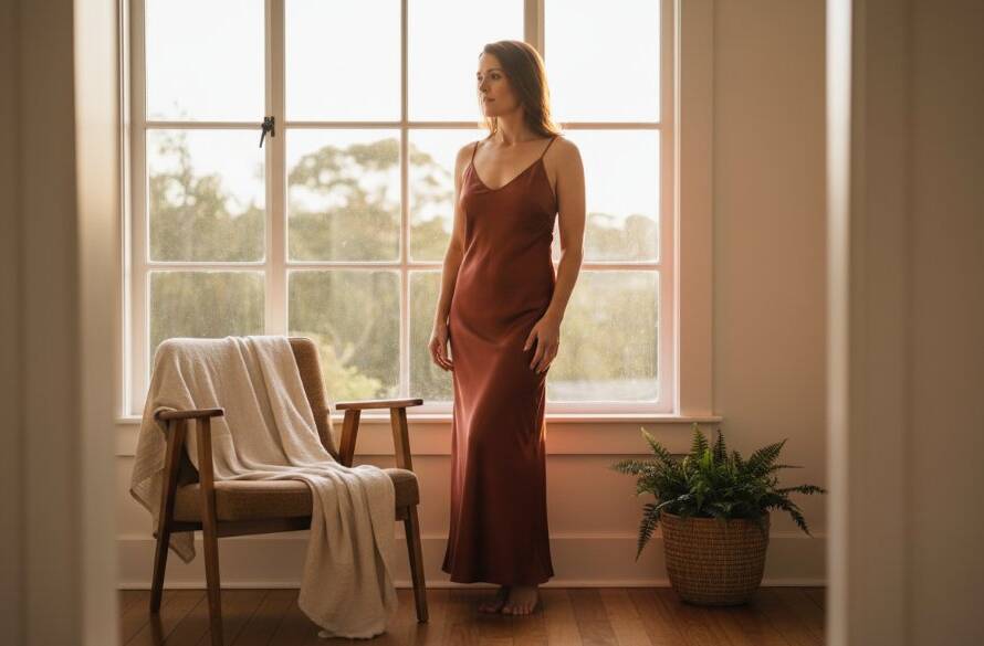 A confident woman in a soft, ethereal boudoir setting, bathed in golden hour light through a window, during an intimate Warrandyte boudoir photo session. She gazes thoughtfully into the distance, embodying grace and self-assurance, capturing an epic moment.