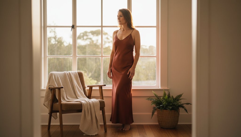 A confident woman in a soft, ethereal boudoir setting, bathed in golden hour light through a window, during an intimate Warrandyte boudoir photo session. She gazes thoughtfully into the distance, embodying grace and self-assurance, capturing an epic moment.