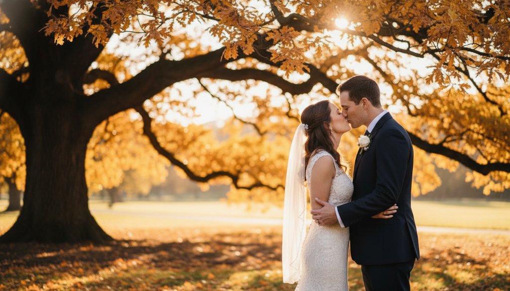 A newlywed couple shares an intimate, joyful laugh under warm sunset light amidst blooming jacaranda trees in a Carnegie park, expertly captured for Intimate Wedding Photography Carnegie Victoria.