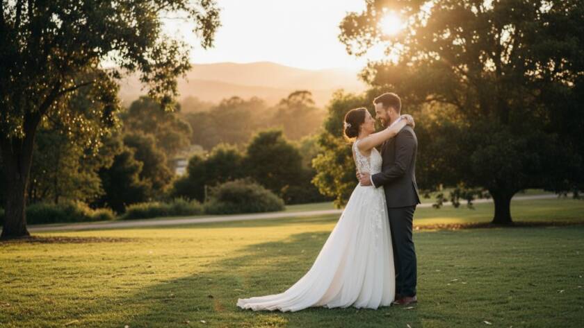 An intimate wedding photography Croydon North Victoria moment capturing a newlywed couple embracing under dramatic golden hour light at a beautiful local park, with the Dandenong Ranges faintly visible in the background, showcasing their joy and connection.