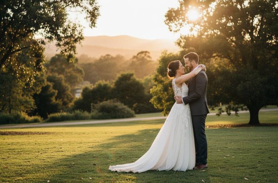 An intimate wedding photography Croydon North Victoria moment capturing a newlywed couple embracing under dramatic golden hour light at a beautiful local park, with the Dandenong Ranges faintly visible in the background, showcasing their joy and connection.