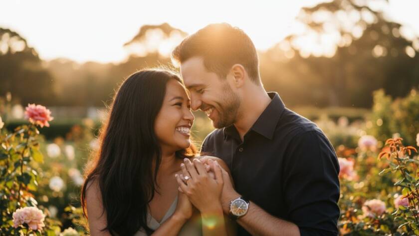 An intimate Wheelers Hill garden engagement photoshoot capturing a couple's joyful embrace under the golden hour sun, with soft bokeh lighting and lush greenery.