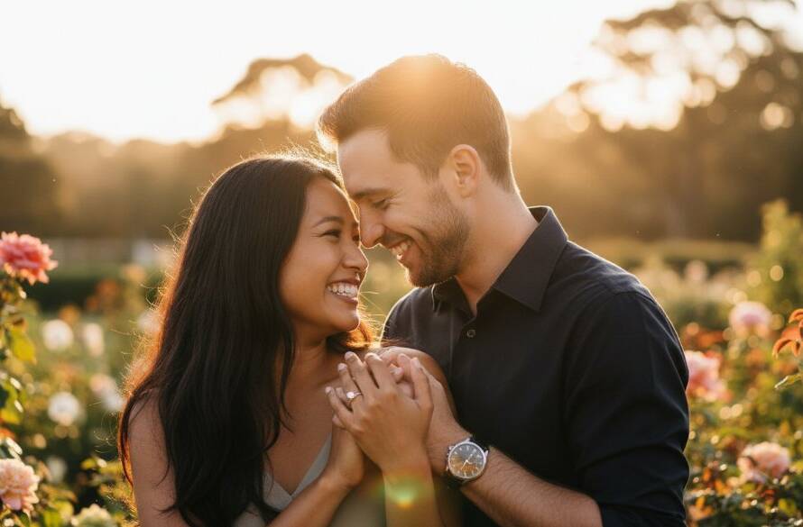 An intimate Wheelers Hill garden engagement photoshoot capturing a couple's joyful embrace under the golden hour sun, with soft bokeh lighting and lush greenery.