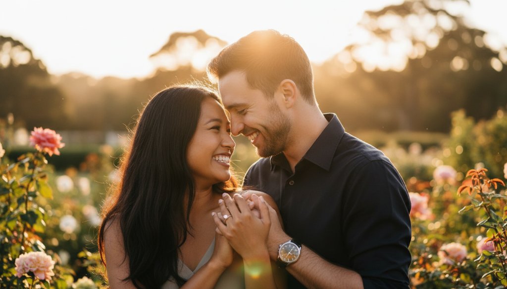An intimate Wheelers Hill garden engagement photoshoot capturing a couple's joyful embrace under the golden hour sun, with soft bokeh lighting and lush greenery.