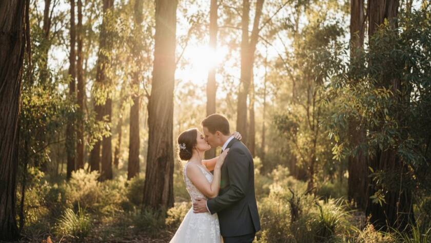 An epic, emotionally resonant photograph of a newlywed couple sharing an intimate moment amidst the golden hour glow of a Wonga Park bushland setting, showcasing their Intimate Wonga Park Wedding Photography Bushland Vows with dramatic light and professional colour grading.