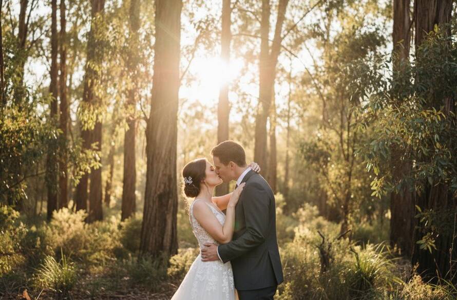An epic, emotionally resonant photograph of a newlywed couple sharing an intimate moment amidst the golden hour glow of a Wonga Park bushland setting, showcasing their Intimate Wonga Park Wedding Photography Bushland Vows with dramatic light and professional colour grading.