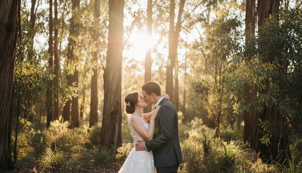 An epic, emotionally resonant photograph of a newlywed couple sharing an intimate moment amidst the golden hour glow of a Wonga Park bushland setting, showcasing their Intimate Wonga Park Wedding Photography Bushland Vows with dramatic light and professional colour grading.