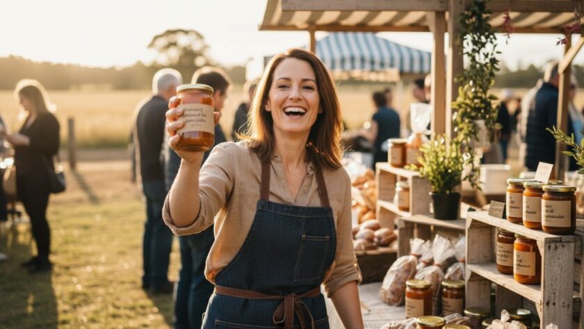 Dynamic wide-angle shot showcasing vibrant local produce from Irymple, professionally lit and arranged on a rustic wooden table, embodying the essence of Irymple Advertising Photography Boosting Local Brands, with dramatic golden hour lighting highlighting textures and colours.