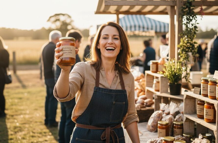 Dynamic wide-angle shot showcasing vibrant local produce from Irymple, professionally lit and arranged on a rustic wooden table, embodying the essence of Irymple Advertising Photography Boosting Local Brands, with dramatic golden hour lighting highlighting textures and colours.