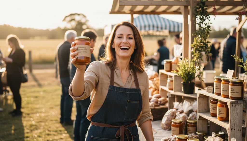 Dynamic wide-angle shot showcasing vibrant local produce from Irymple, professionally lit and arranged on a rustic wooden table, embodying the essence of Irymple Advertising Photography Boosting Local Brands, with dramatic golden hour lighting highlighting textures and colours.