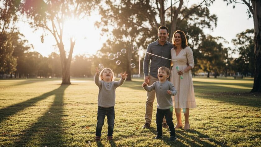An Irymple Candid Family Photography Capturing Real Joy moment: a family laughing wholeheartedly as a child chases bubbles in the golden hour light in an Irymple park, showing genuine emotion and connection.