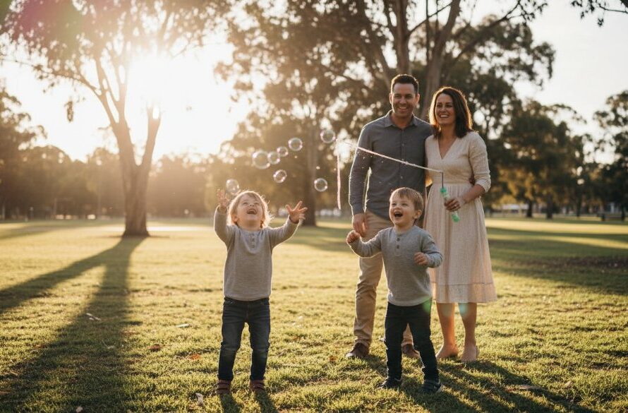 An Irymple Candid Family Photography Capturing Real Joy moment: a family laughing wholeheartedly as a child chases bubbles in the golden hour light in an Irymple park, showing genuine emotion and connection.