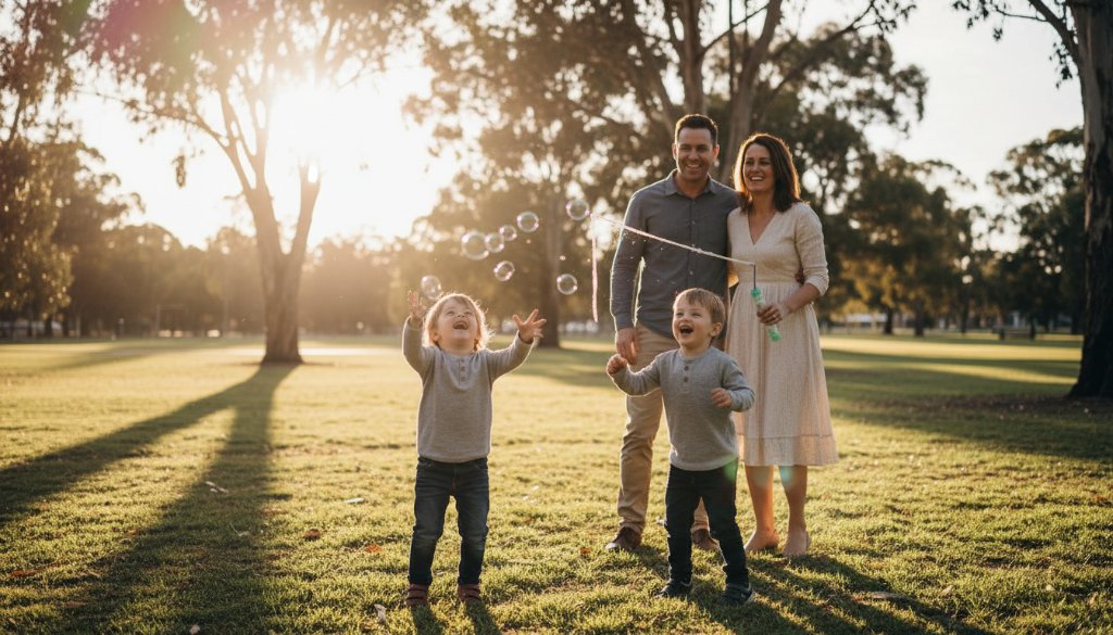 An Irymple Candid Family Photography Capturing Real Joy moment: a family laughing wholeheartedly as a child chases bubbles in the golden hour light in an Irymple park, showing genuine emotion and connection.